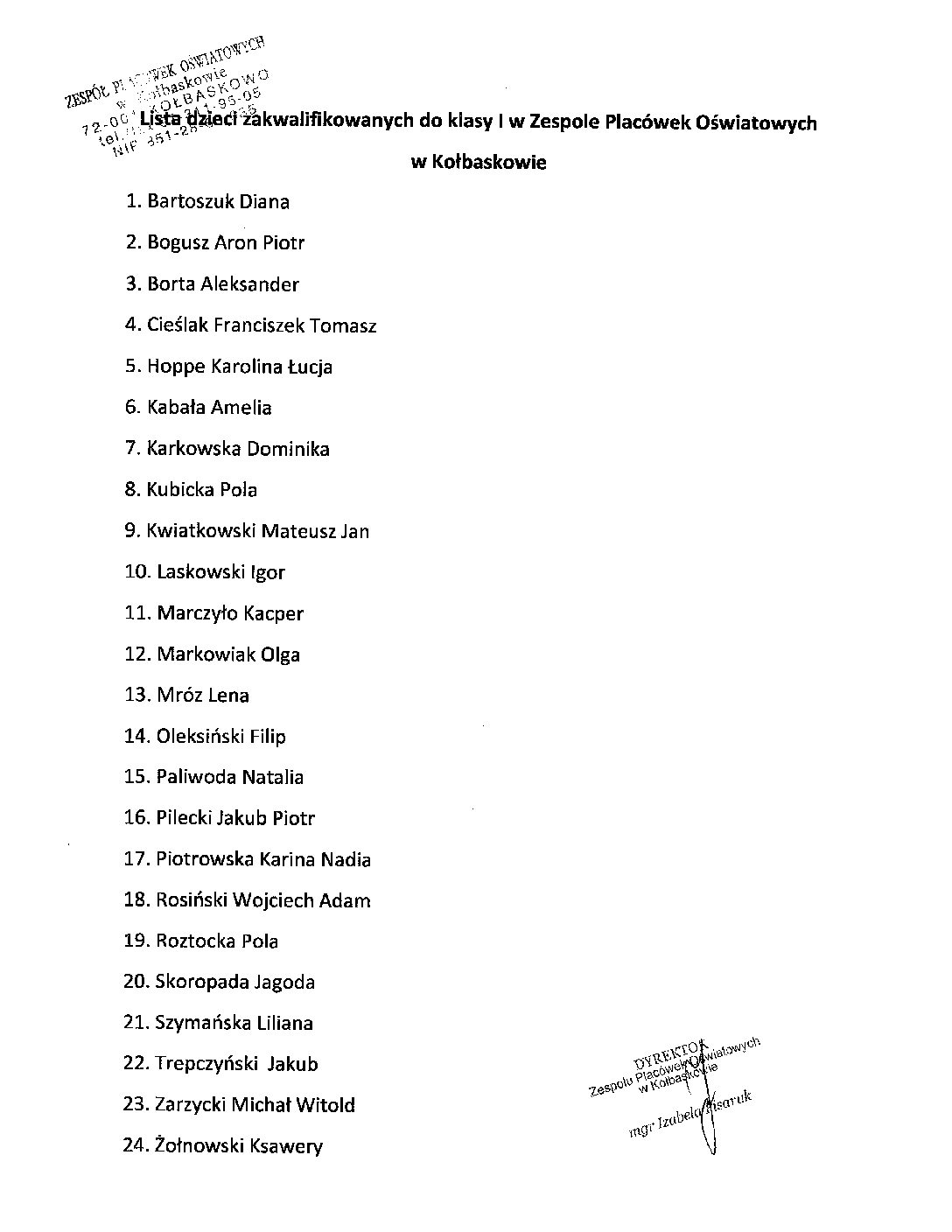 Lista dzieci zakwalifikowanych do klasy I w Zespole Placówek Oświatowych w Kołbaskowie